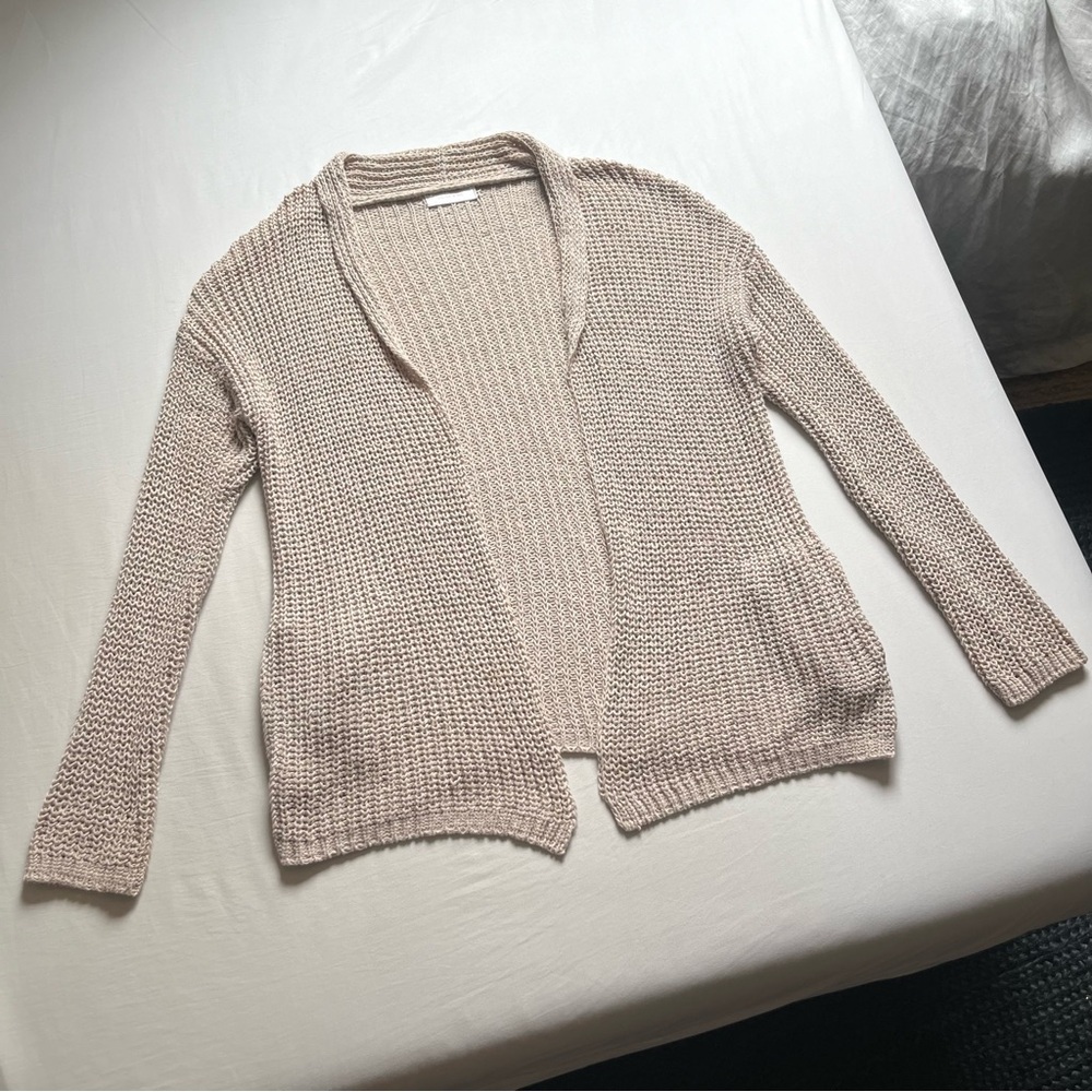 ANINE BING tan open knit organic cotton‎ buttonless shawl long sleeve cardigan